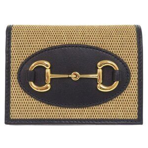 Gucci Horsebit Canvas Leather Beige Navy Bifold Wallet 0860